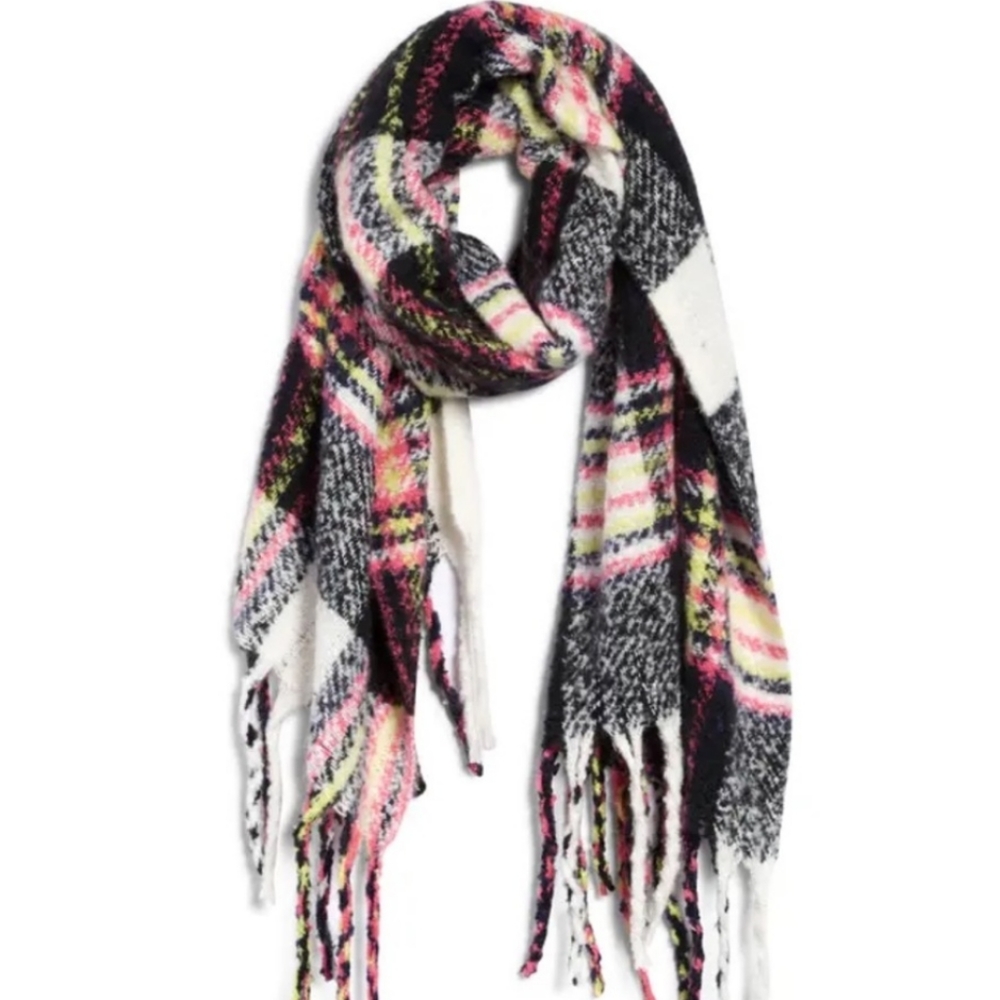 BP Yellow White Pink Plaid Fringe Scarf